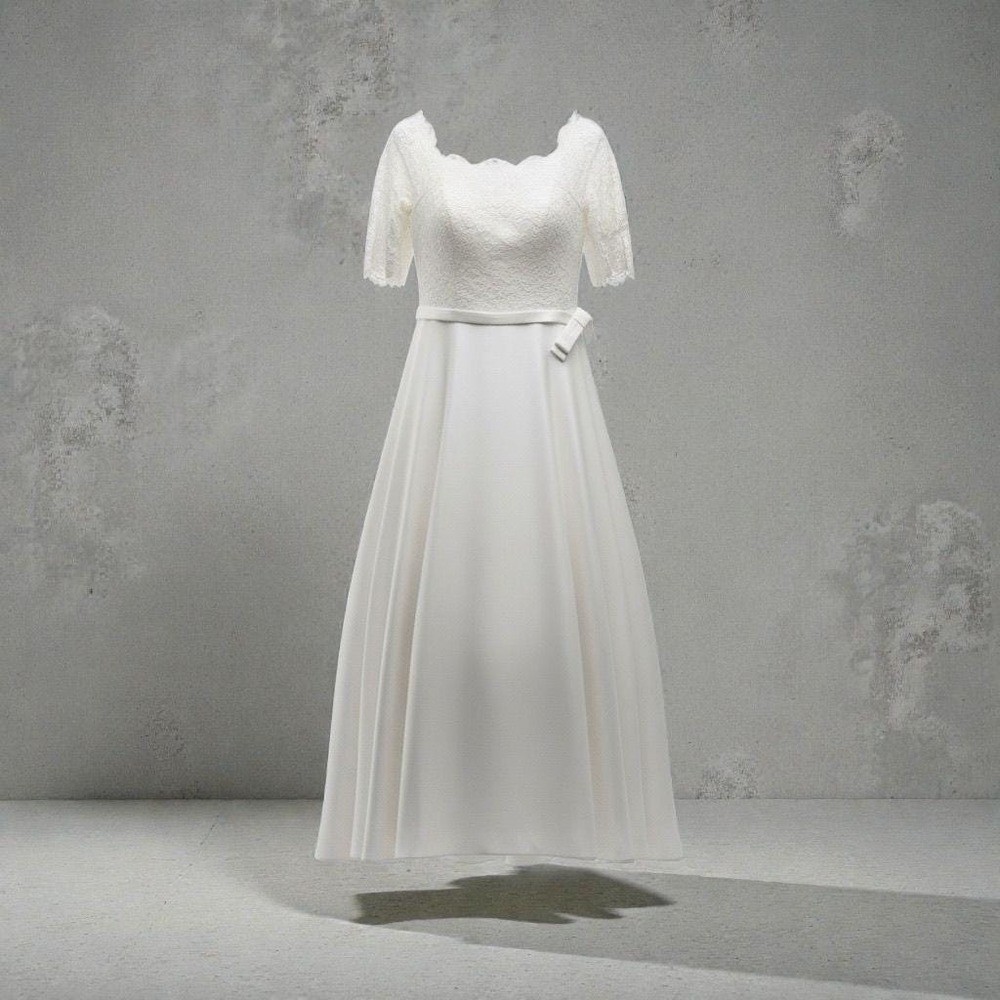 TS Couture‎ Wedding Dress Womens 6 White Lace Bodice A-Line Bridal Gown
